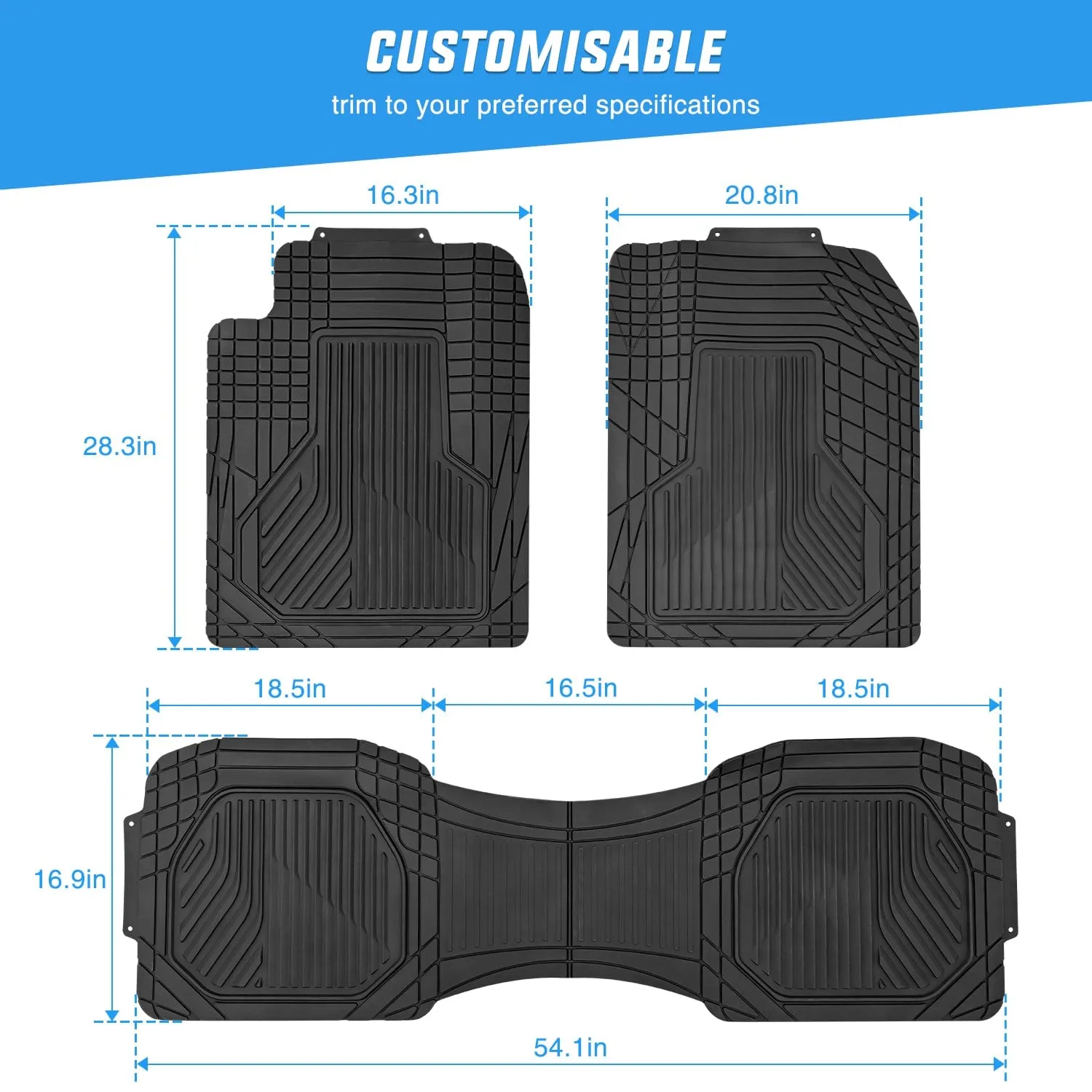 3Pcs Rubber Cargo Mats Universal Trim to fit Most Vehicles