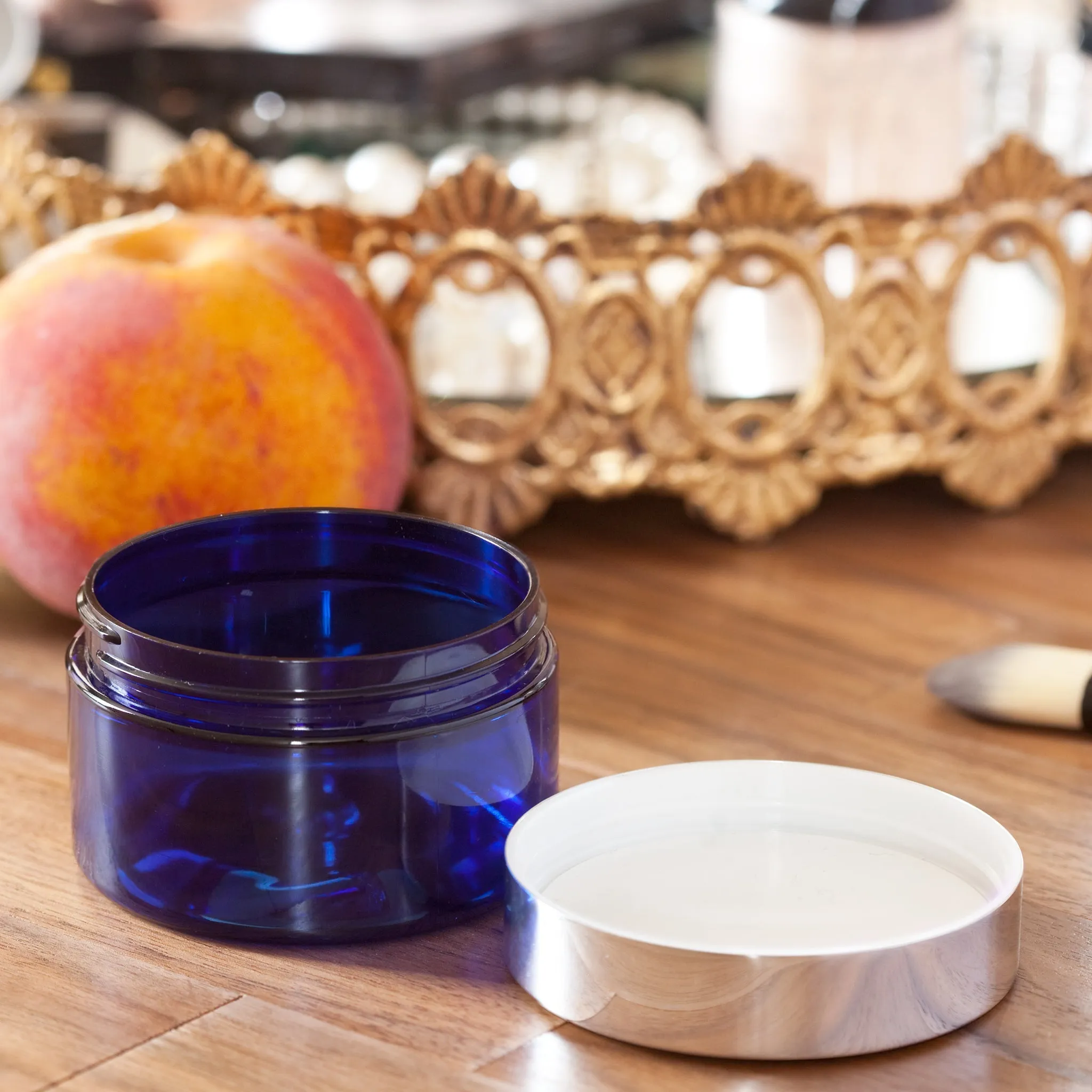 4 oz Cobalt Blue PET Plastic Low Profile Jar with Silver Metal Overshell Lid