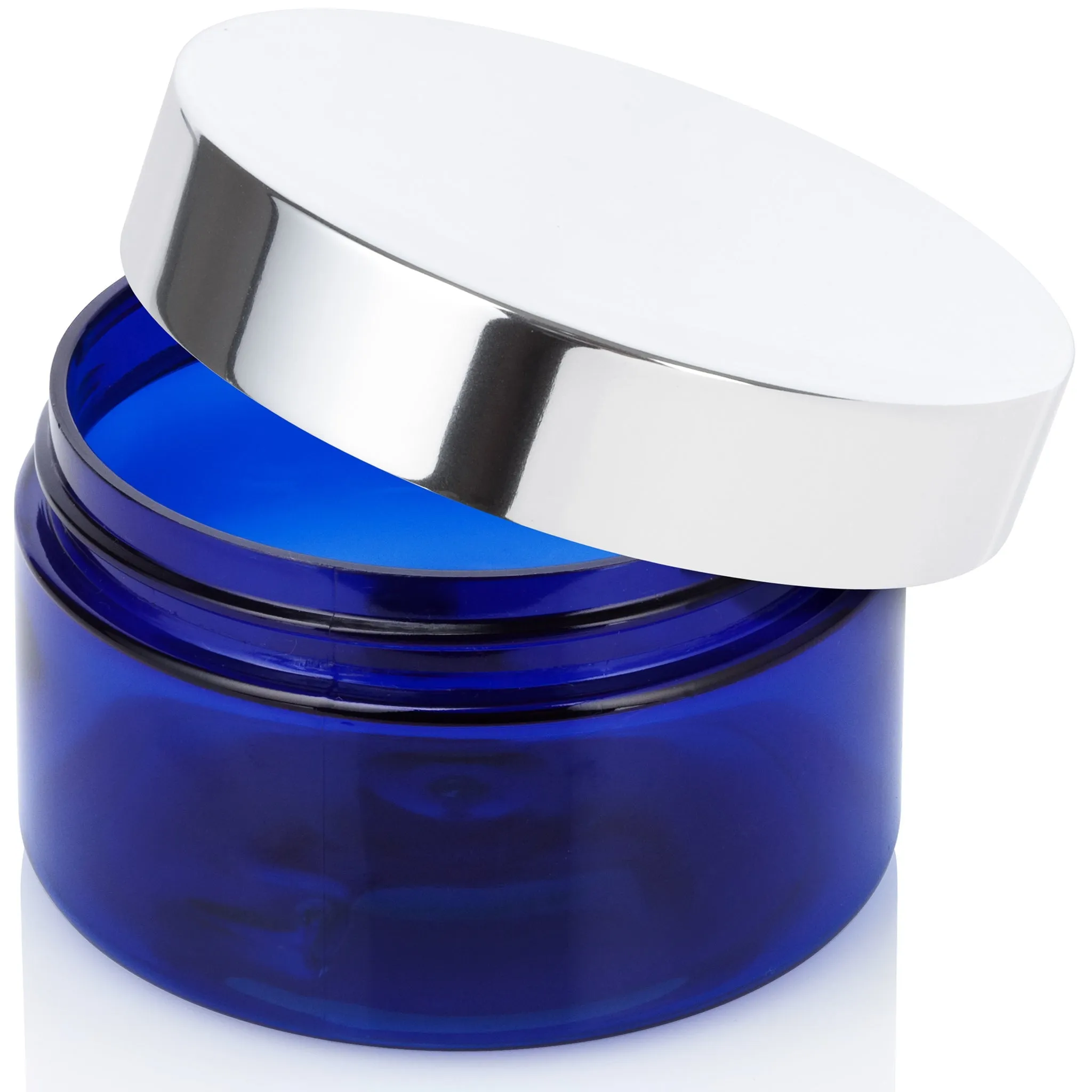 4 oz Cobalt Blue PET Plastic Low Profile Jar with Silver Metal Overshell Lid