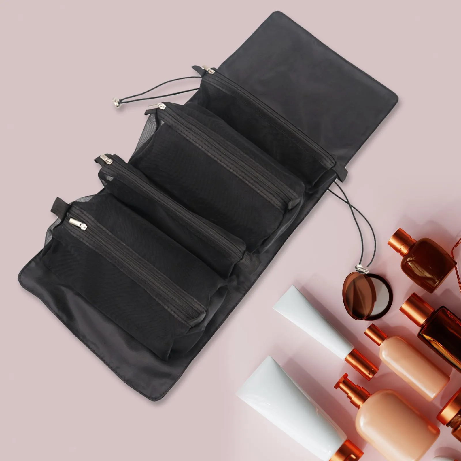 4-Removable Mesh Multi-Functional Cosmetic Travel Storage Bags F52-8-1459 Black