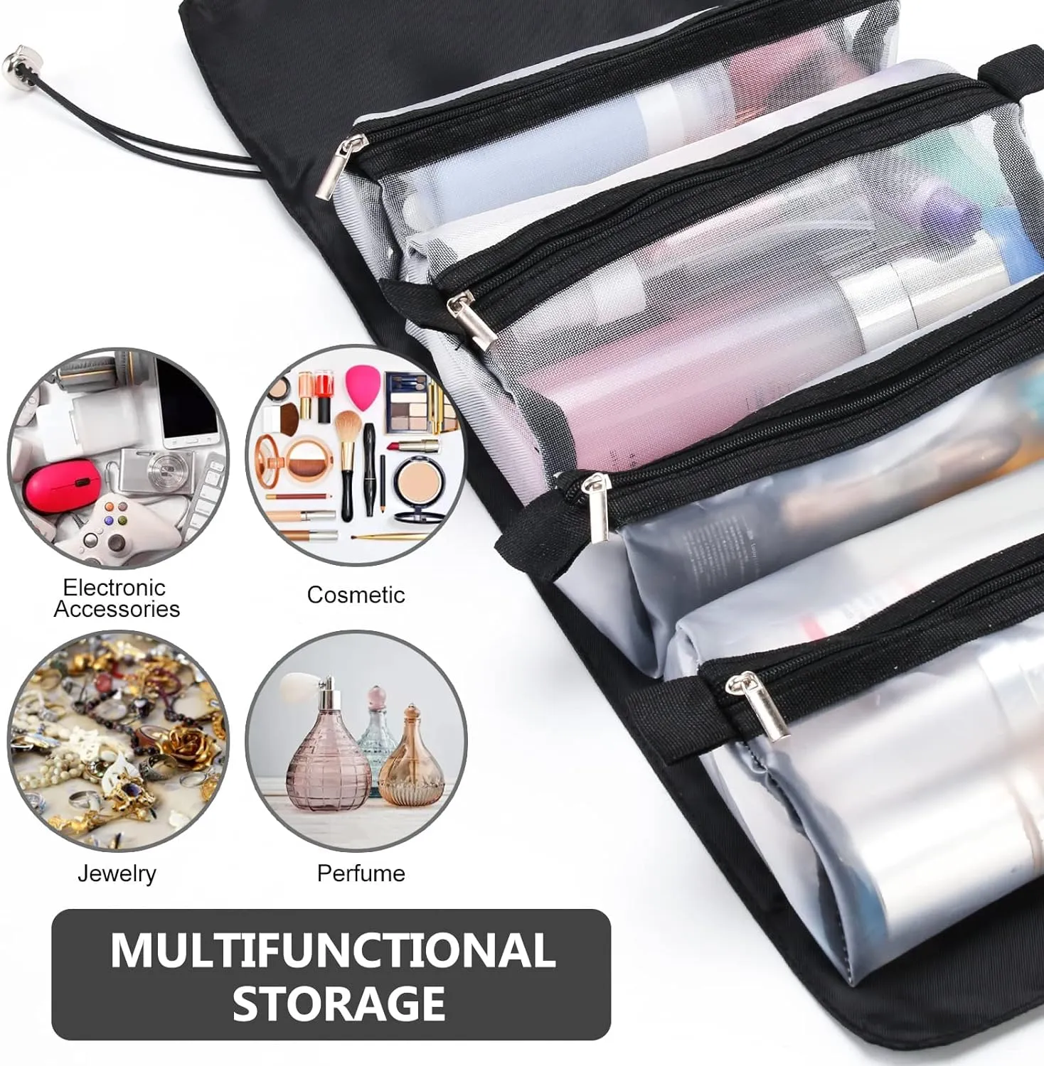 4-Removable Mesh Multi-Functional Cosmetic Travel Storage Bags F52-8-1459 Black
