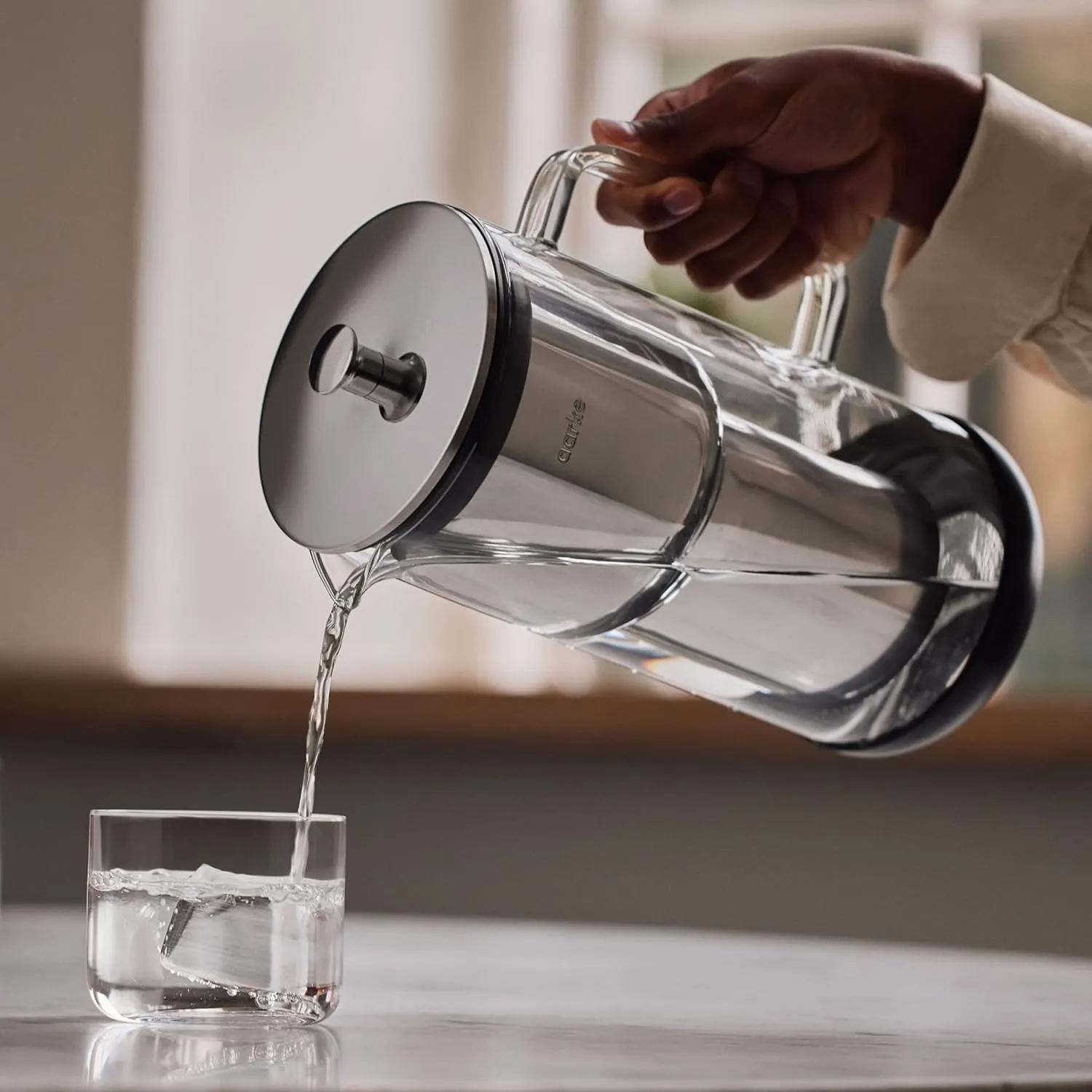 aarke Purifier Glass Water Pitcher, Refillable Stainless Steel Filter, 8-Weeks Performance, BPA-Free, Dishwasher Safe, Pure & Enriched Refill Granules, 1.18L (5 Cups) Capacity