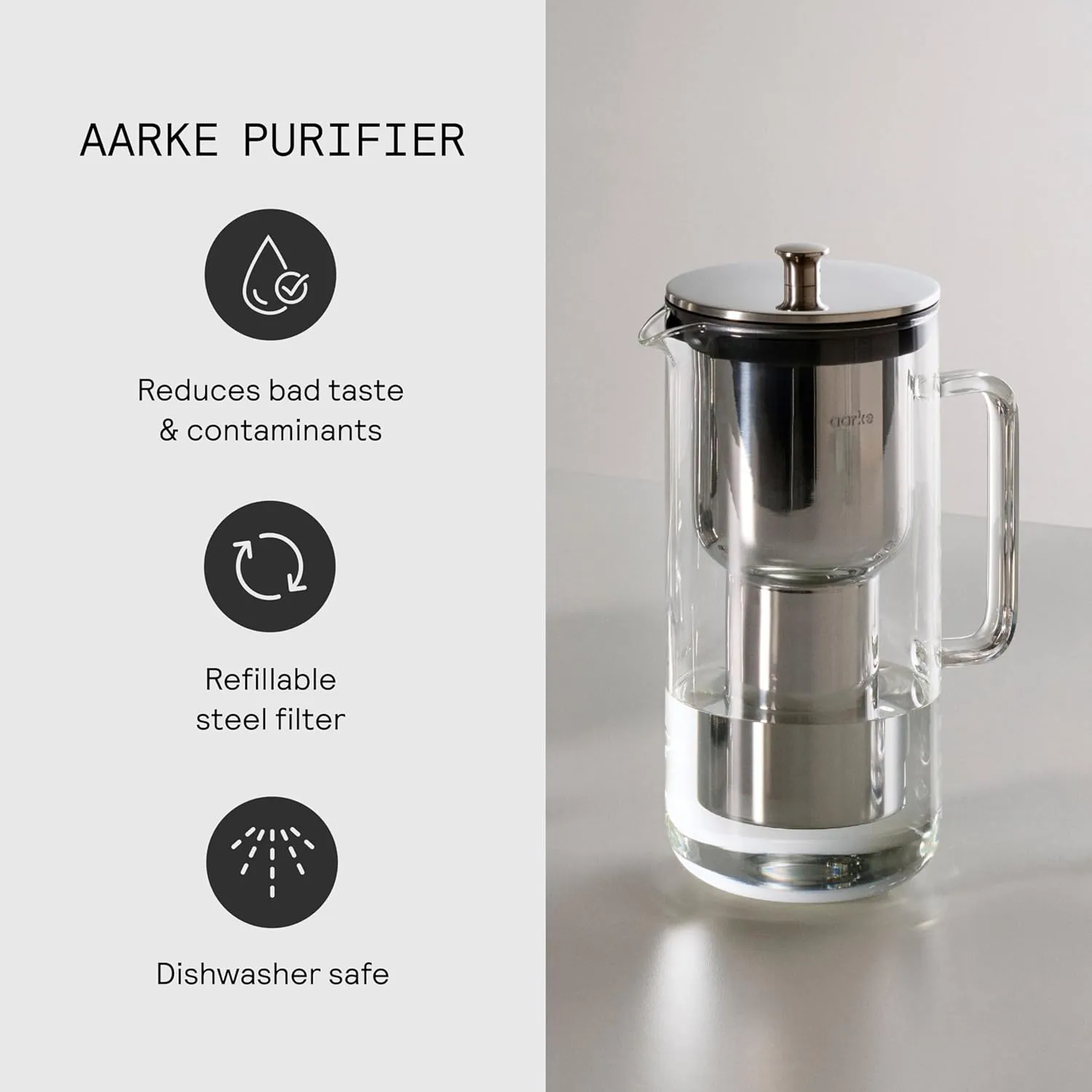 aarke Purifier Glass Water Pitcher, Refillable Stainless Steel Filter, 8-Weeks Performance, BPA-Free, Dishwasher Safe, Pure & Enriched Refill Granules, 1.18L (5 Cups) Capacity