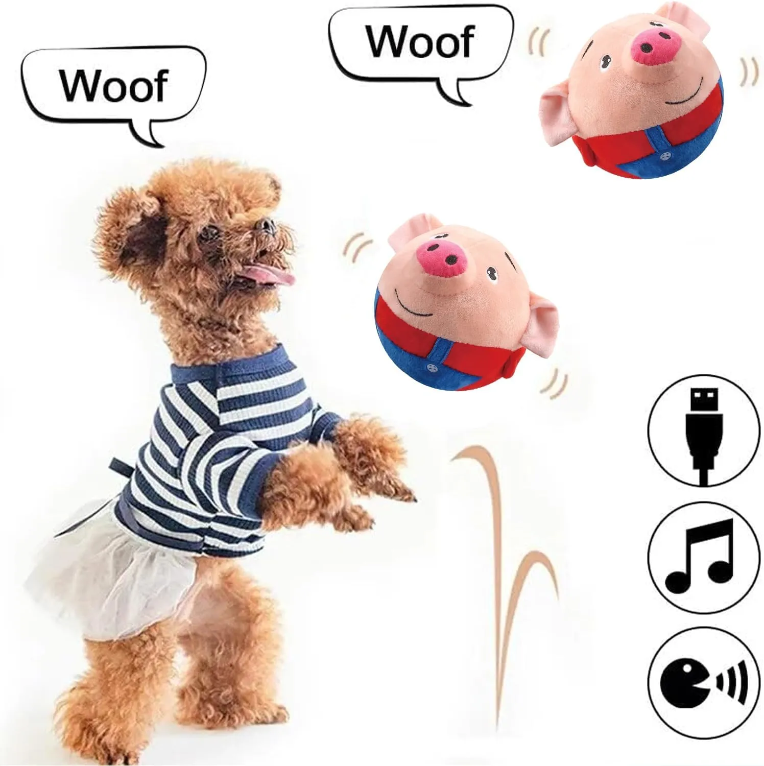 Active Moving Pet Plush Toy, Interactive Dog Toy Pet Bouncing Balls, USB Rechargeable Interactive Washable Cartoon Pig Plush Sound Electronic Dog Toy, Small Plush Sound Toys for Dogs (A)