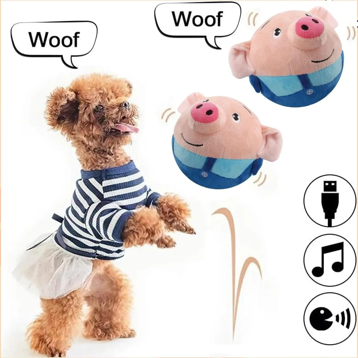 Active Moving Pet Plush Toy, Interactive Dog Toys Pet Bouncing Balls, USB Rechargeable Interactive Washable Cartoon Pig Plush Sound Electronic Dog Toy, Small Cute Squeaky Pig Dog Toy (Blue)