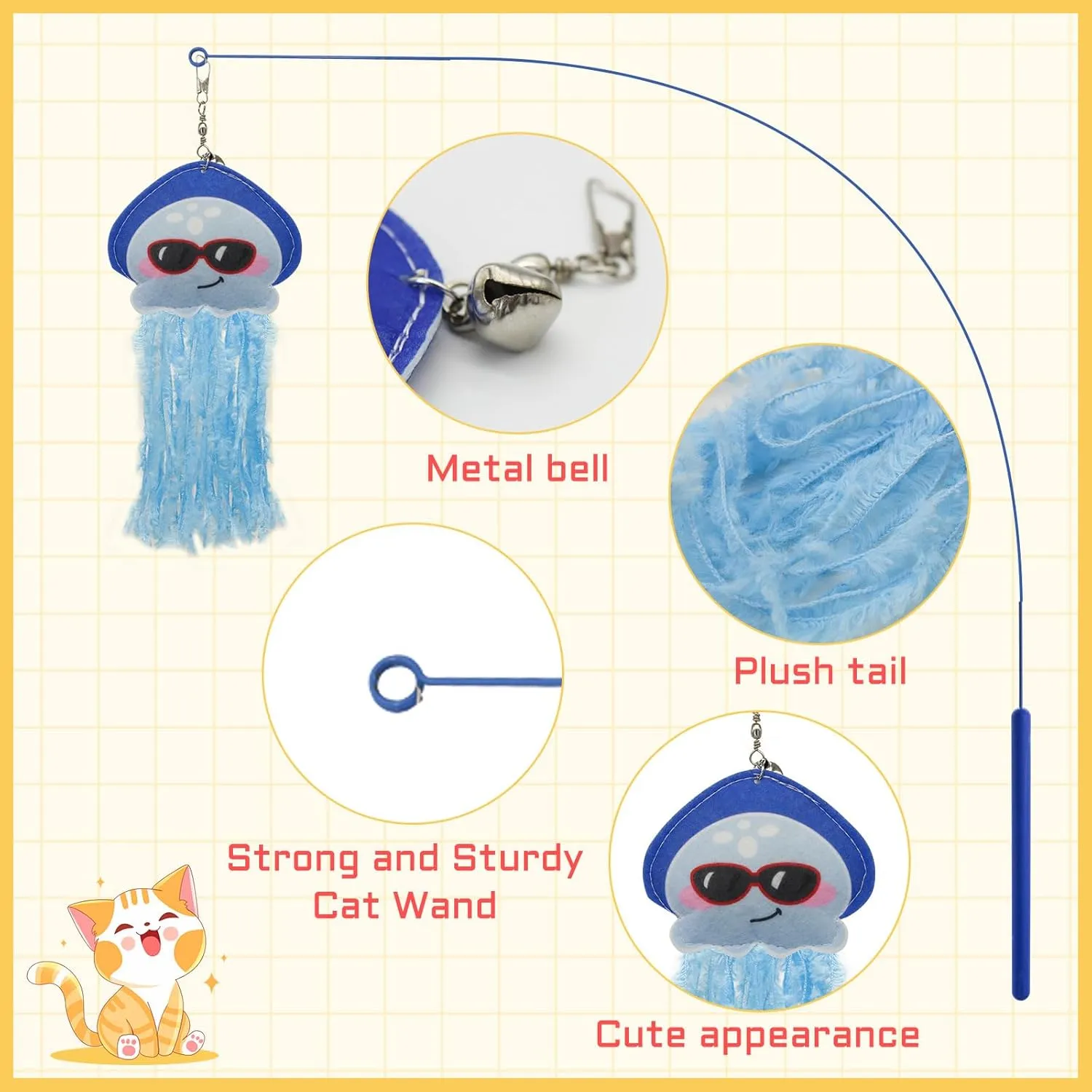 Andiker Cat Wand Toy, 35 Inches Flexible Cat Stick with Cute Jellyfish Cat Wand Replacement Cat Teaser Toy Sturdy Interactive Cat Toy for Indoor Cats to Chase Pounce Entertain (Pink)