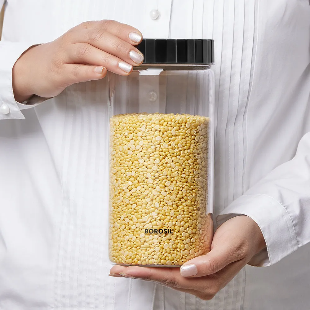 Borosil Endura Airtight Glass Jar, Black Lid