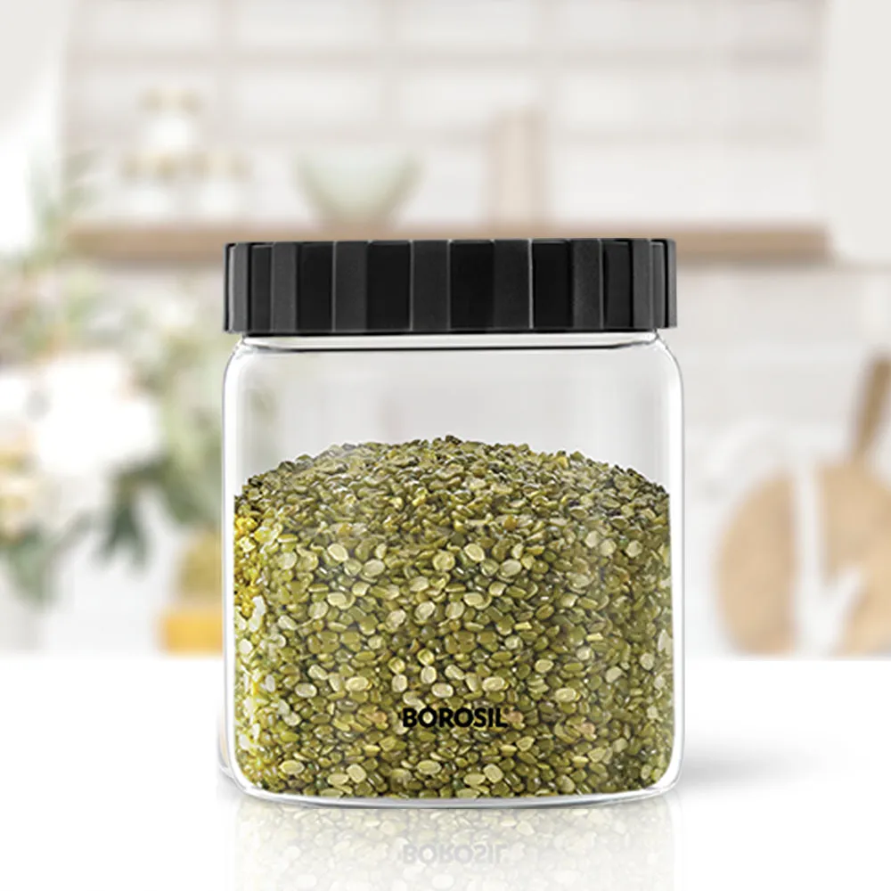 Borosil Endura Airtight Glass Jar, Black Lid