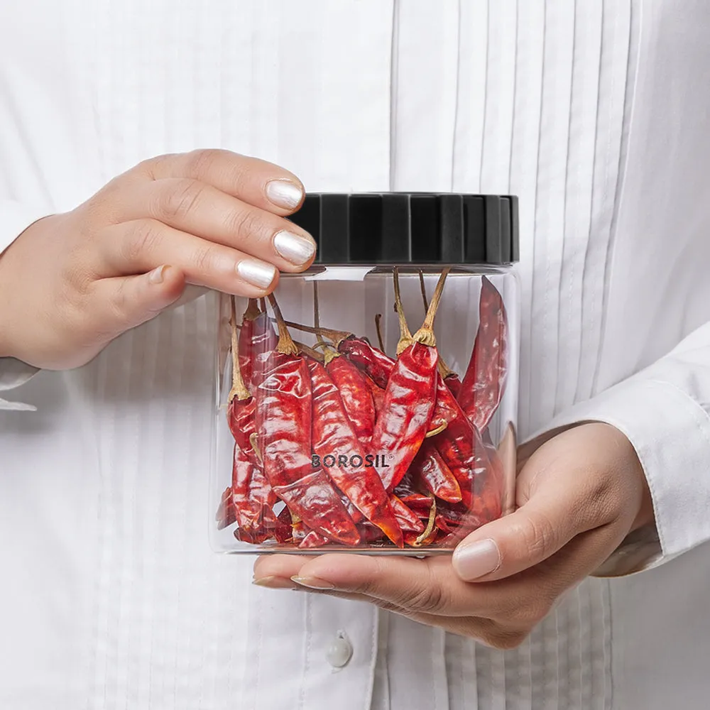 Borosil Endura Airtight Glass Jar, Black Lid
