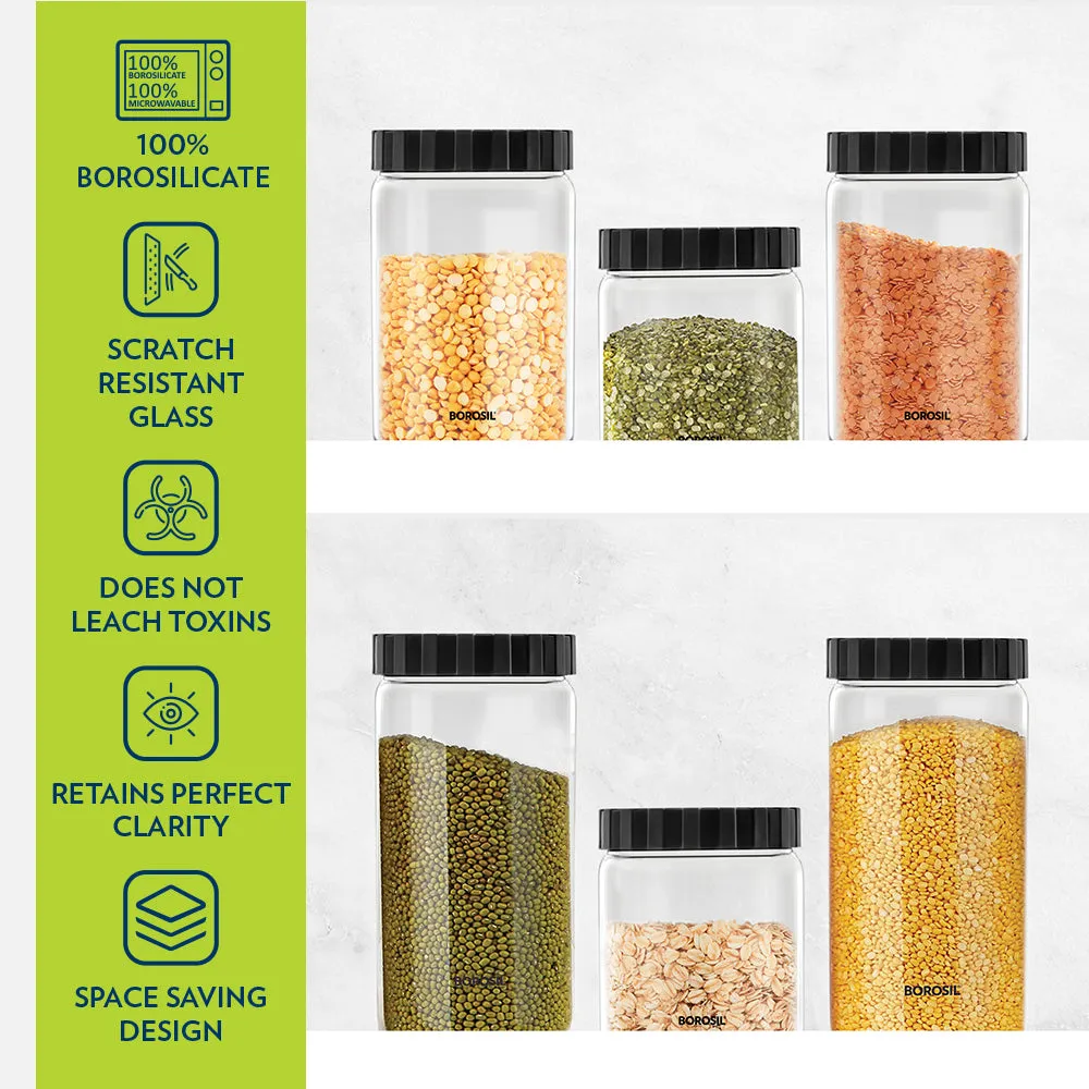 Borosil Endura Airtight Glass Jar, Black Lid