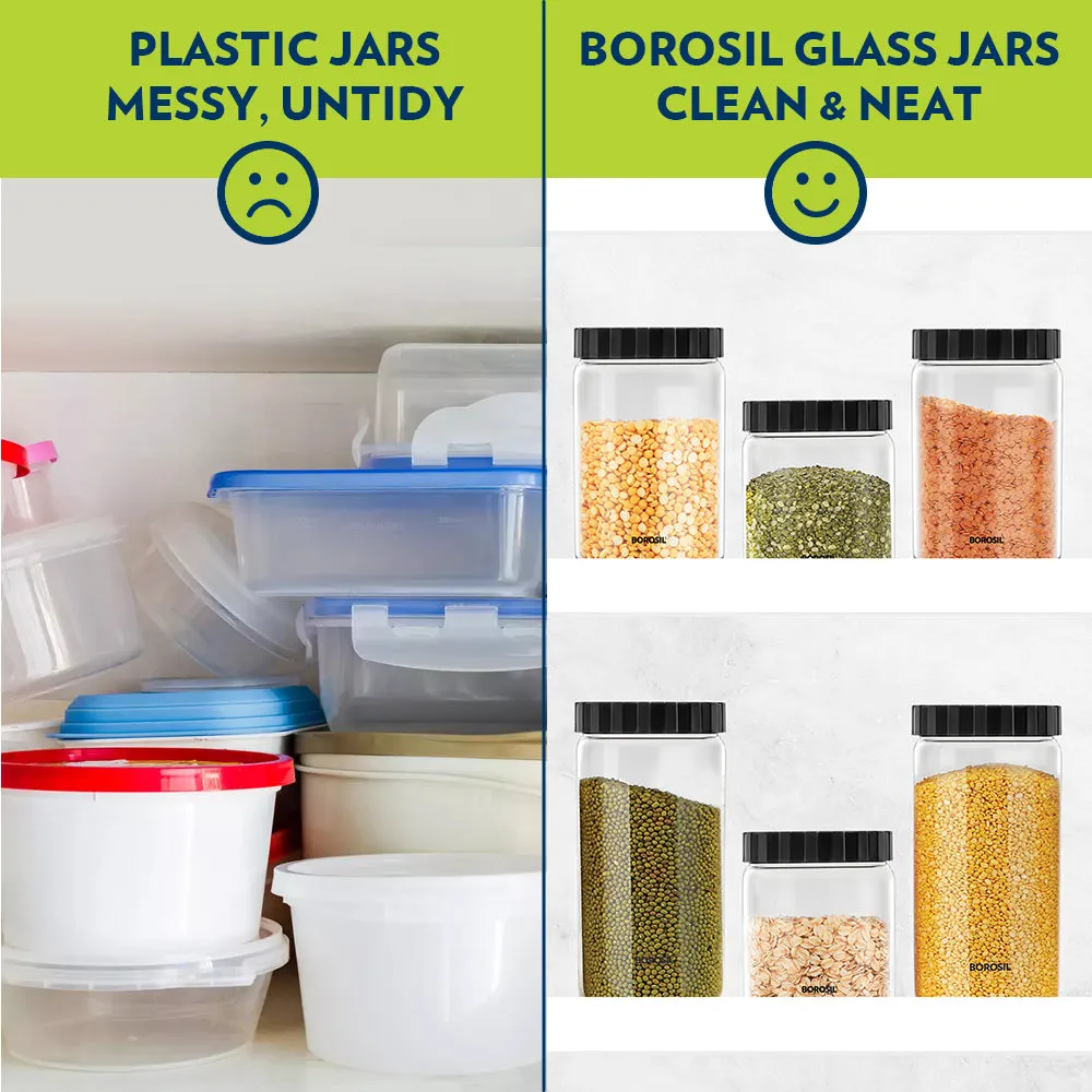 Borosil Endura Airtight Glass Jar, Black Lid