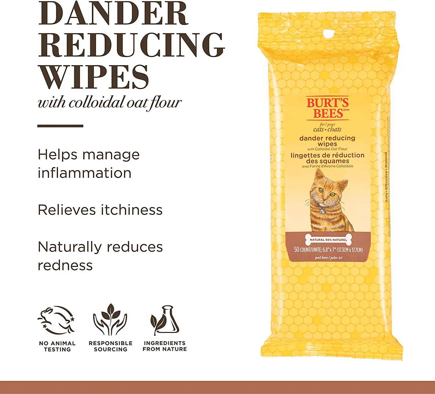 Burt's Bees for Cats Dander Reducing Wipes - Kitten and Cat Wipes for Grooming - Burts Bees Cat Dander Wipes, Cat Grooming Wipes, Pet Wipes Cats, Cat Cleaning Wipes, Natural Cat Wipes, Cat Fur Wipes