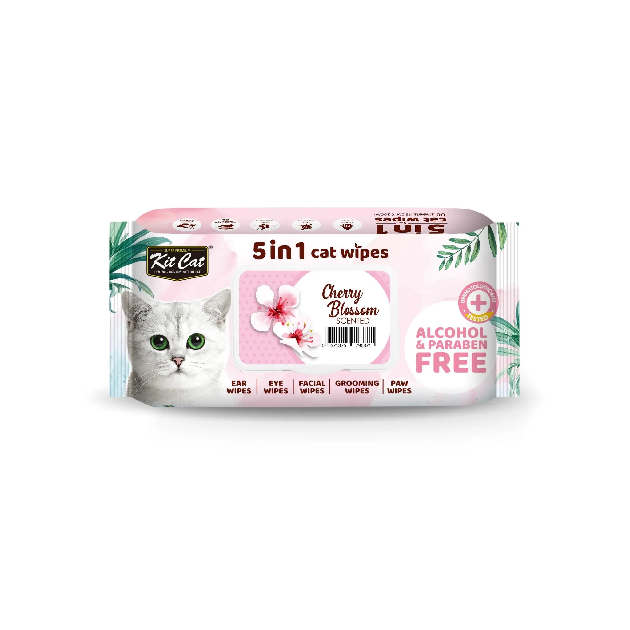 [CTN OF 12] Kit Cat 5 in 1 Cat Wipes - Cherry Blossom (12x80pcs) | Paraben & Alcohol Free