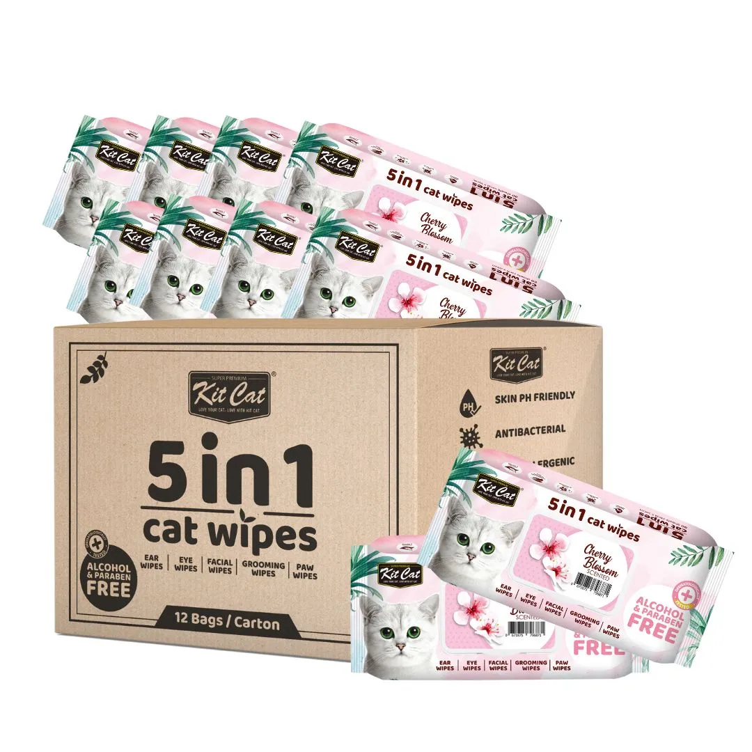 [CTN OF 12] Kit Cat 5 in 1 Cat Wipes - Cherry Blossom (12x80pcs) | Paraben & Alcohol Free