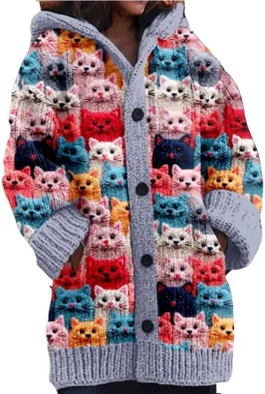 Cute Cat Pattern Knit Hooded Cardigan Cat Sweaters for Women Plus Size Cat Lover Gift Cardigan for Women