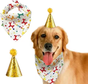 Dog Birthday Hat and Bandana for Boy/Girl Pet Party Supplies - Scarf for Small, Medium, Large Dogs (Gold)