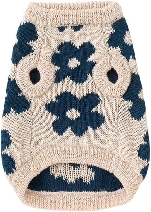 Flower Knit Dog Sweater Made with Sustainable and Recycled Fabric Stylish and eco-Friendly Double Layered for Extra Warmth (Beige, Small)