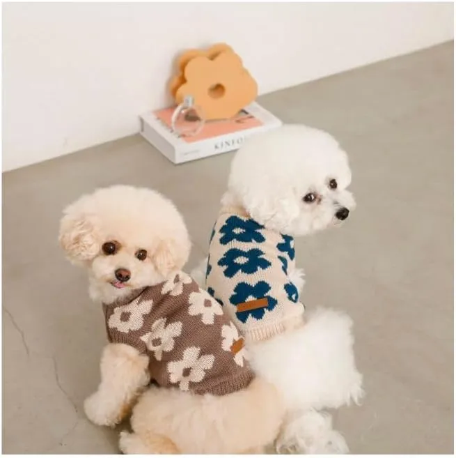 Flower Knit Dog Sweater Made with Sustainable and Recycled Fabric Stylish and eco-Friendly Double Layered for Extra Warmth (Beige, Small)