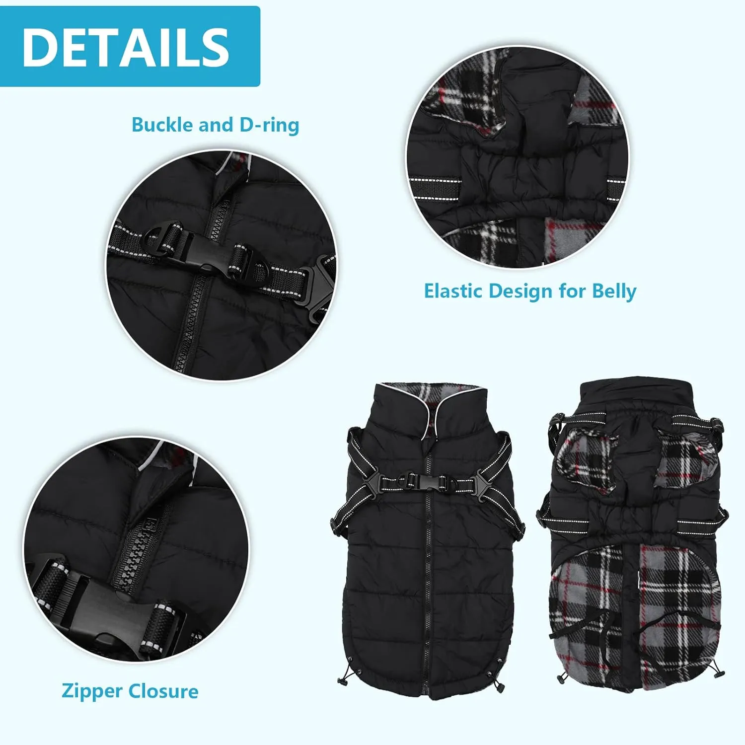 Geyecete Winter Warm Coat Waterproof Dog Jacket with Harness Traction Belt, Pet Outdoor Jacket - Black - L