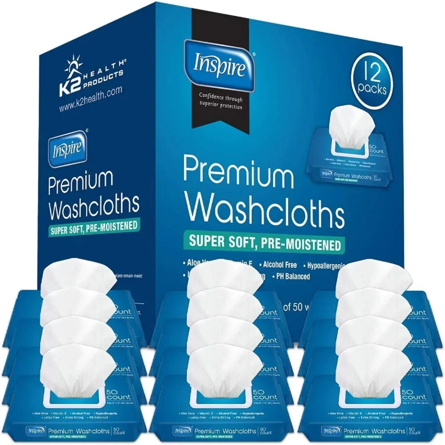 Inspire INSJWC50-CS12 Adult Wet Wipes Wash Cloths Extra Large for Incontinence & Cleansing, 8"x12", 600 Count, 12 Packs of 50