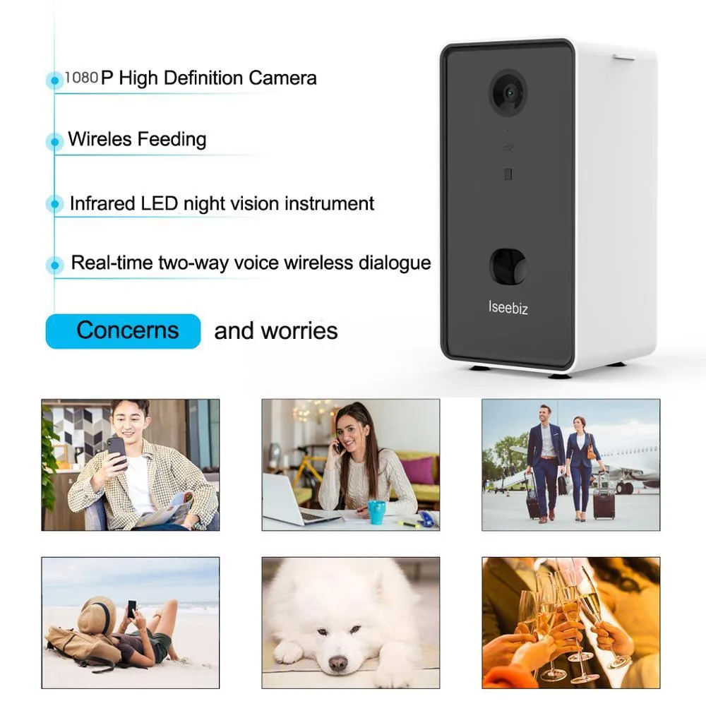Iseebiz Dog Camera Treat Dispenser Automatic Pet Feeder WiFi Remote Pet Camera with Two-Way Audio and Night Vision Compatible
