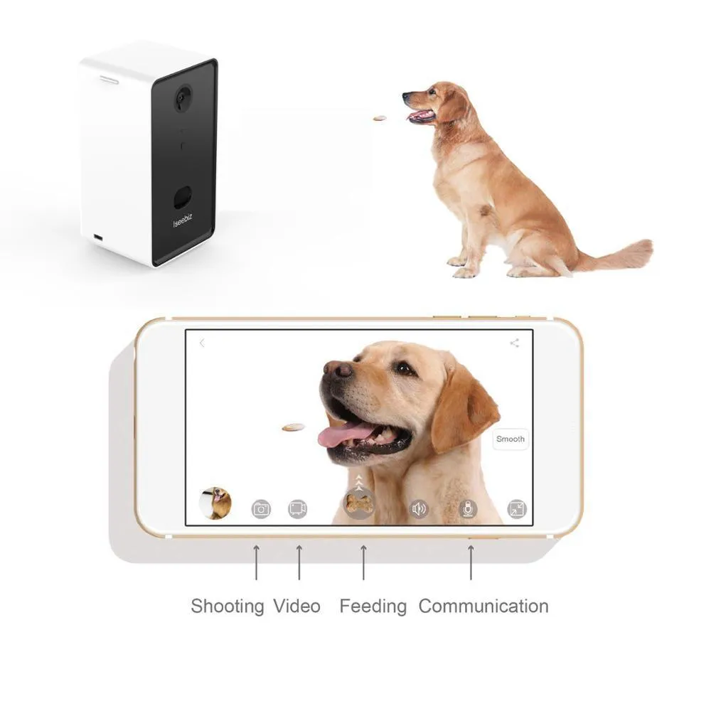 Iseebiz Dog Camera Treat Dispenser Automatic Pet Feeder WiFi Remote Pet Camera with Two-Way Audio and Night Vision Compatible