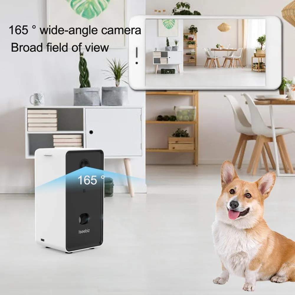 Iseebiz Dog Camera Treat Dispenser Automatic Pet Feeder WiFi Remote Pet Camera with Two-Way Audio and Night Vision Compatible