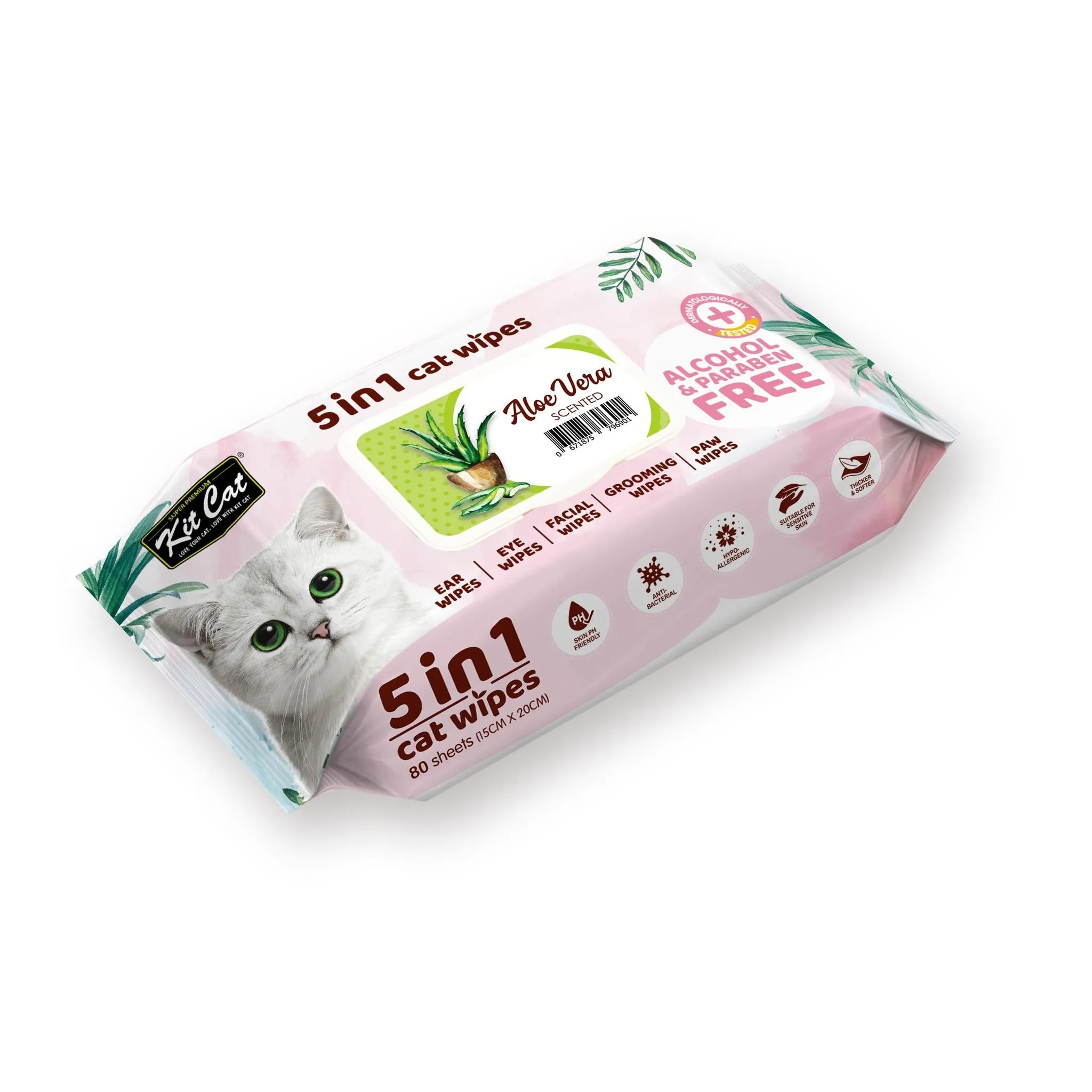 Kit Cat 5 in 1 Cat Wipes - Aloe Vera (80pcs) | Paraben & Alcohol Free