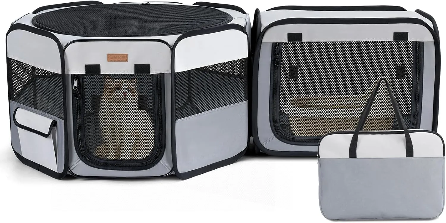 Lekereise Cat Playpen, 47" * 16" Portable Pet Playpen, 2-in-1 Dog Playpen Indoor Outdoor for Cats, Puppies and Small Pets, Independently Usable, with a Carry Bag