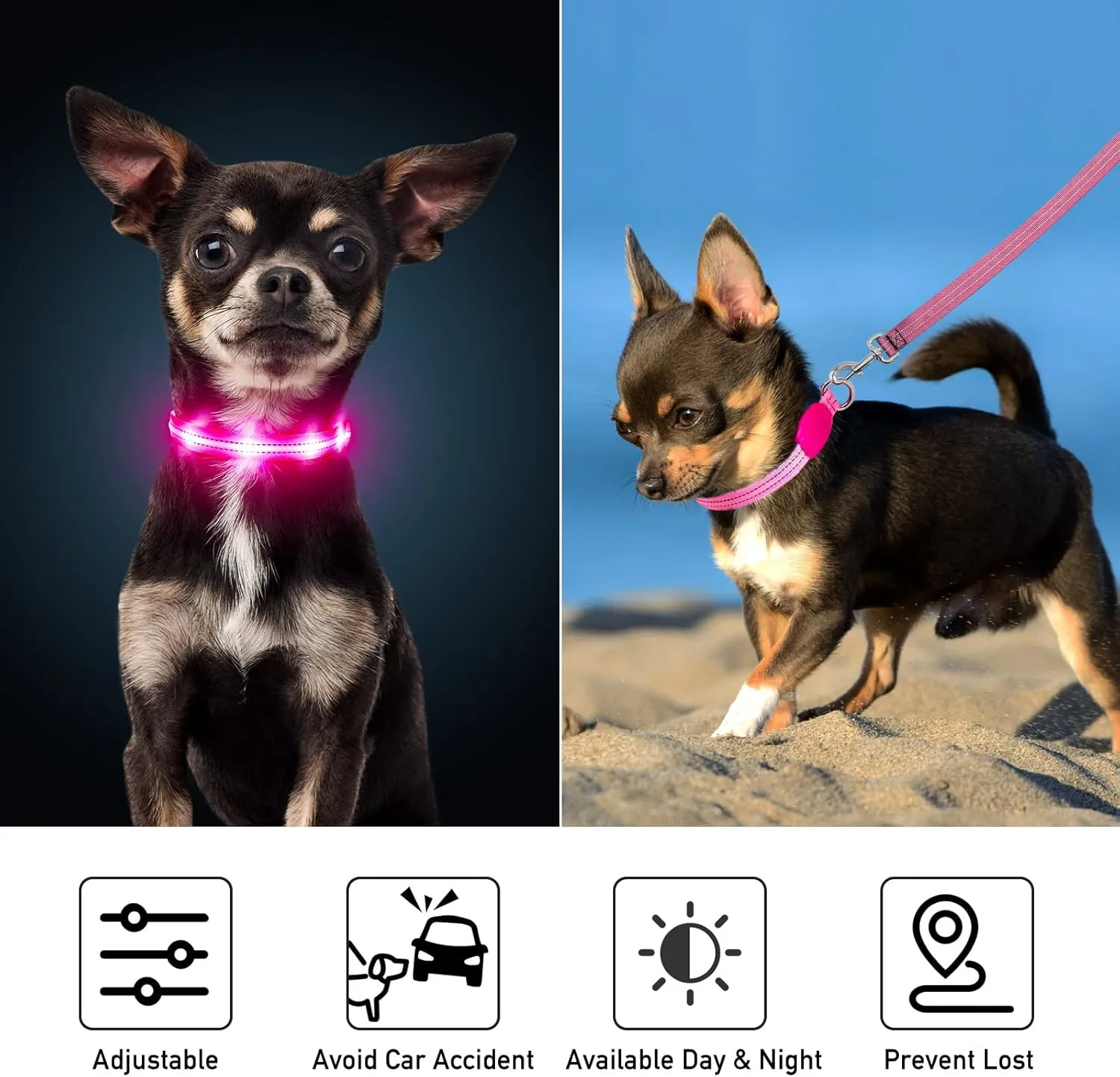Light Up Dog Collars for Small Medium Large Dogs, Adjustable LED Dog Collar, Rechargeable Soft Glow Collar for Dog Cat Night Walking, Pink