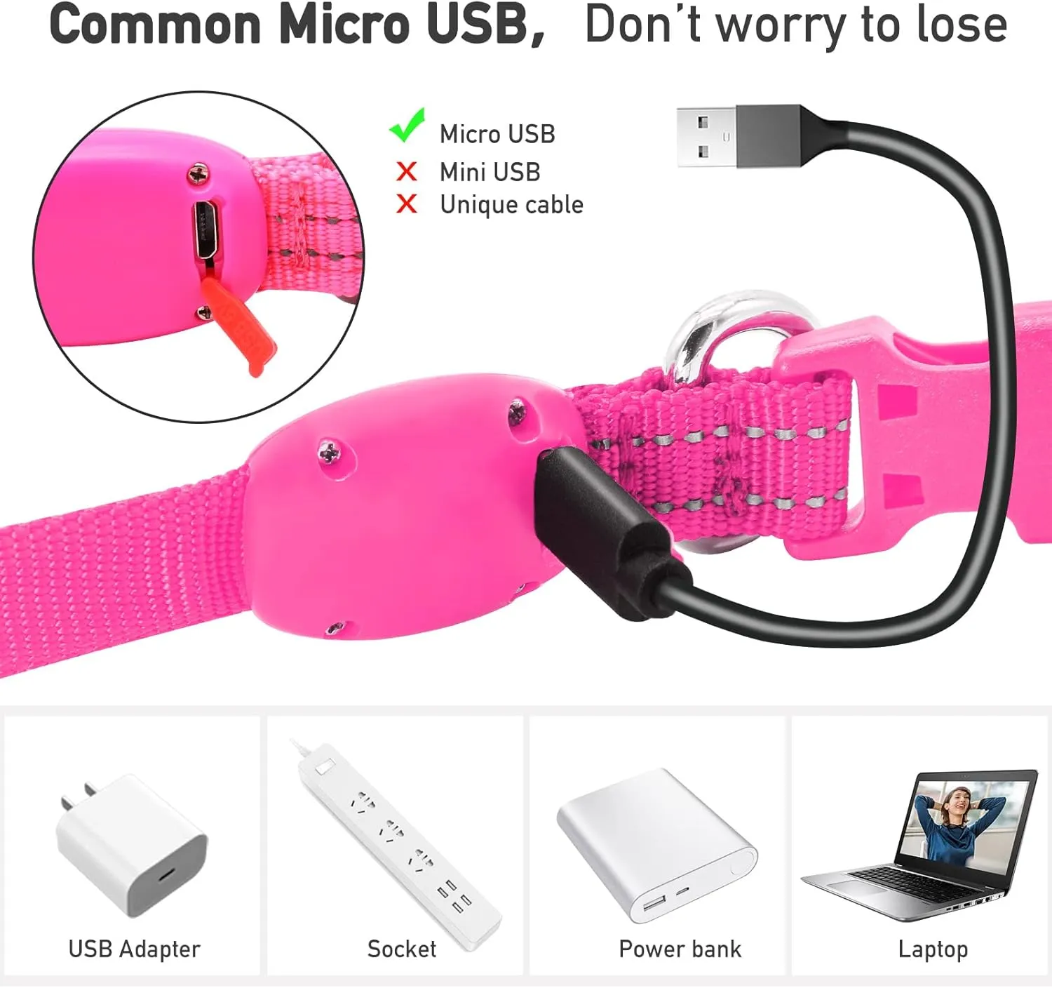 Light Up Dog Collars for Small Medium Large Dogs, Adjustable LED Dog Collar, Rechargeable Soft Glow Collar for Dog Cat Night Walking, Pink
