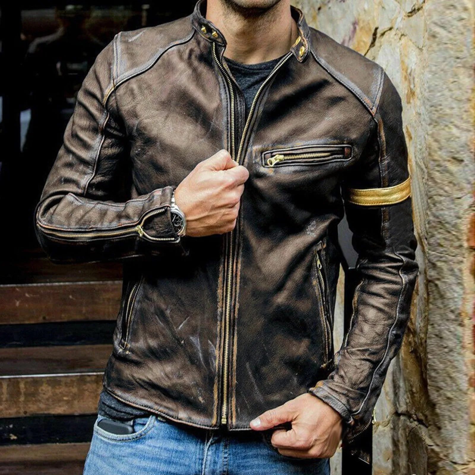 Men's Autumn Fashion Pure Color Stand Collar Imitation Leather Jacket Coat