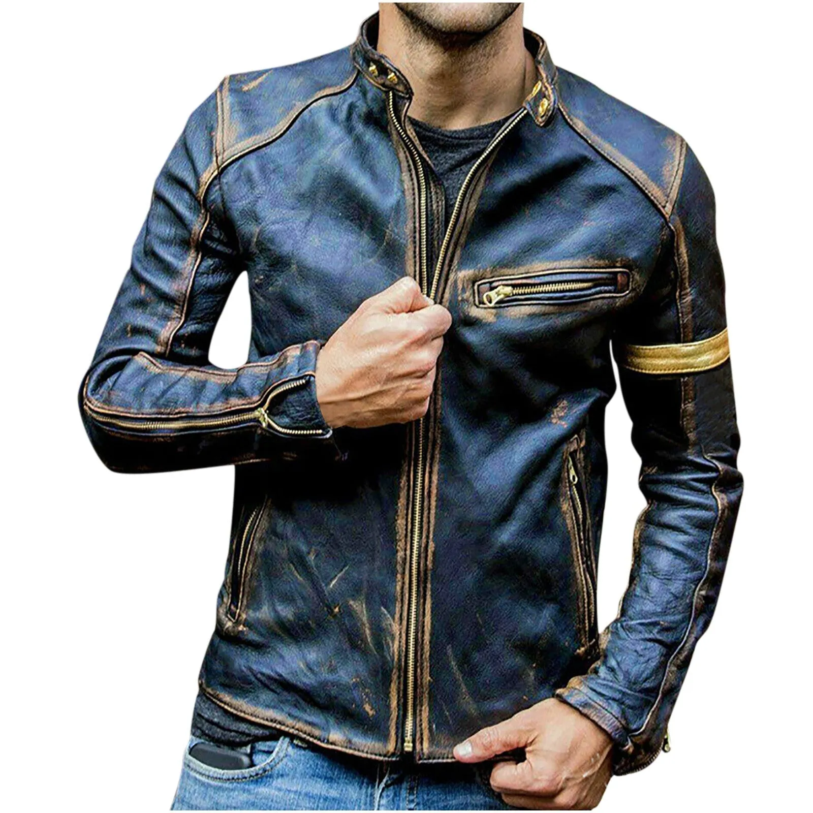 Men's Autumn Fashion Pure Color Stand Collar Imitation Leather Jacket Coat