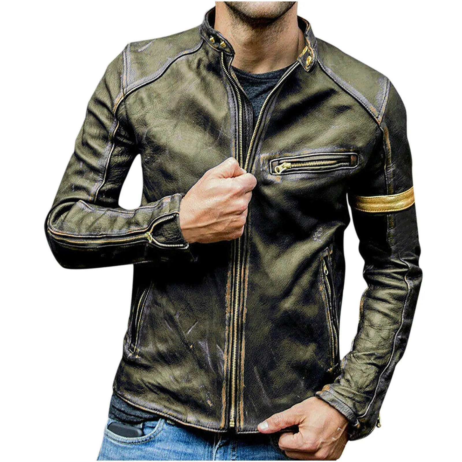 Men's Autumn Fashion Pure Color Stand Collar Imitation Leather Jacket Coat