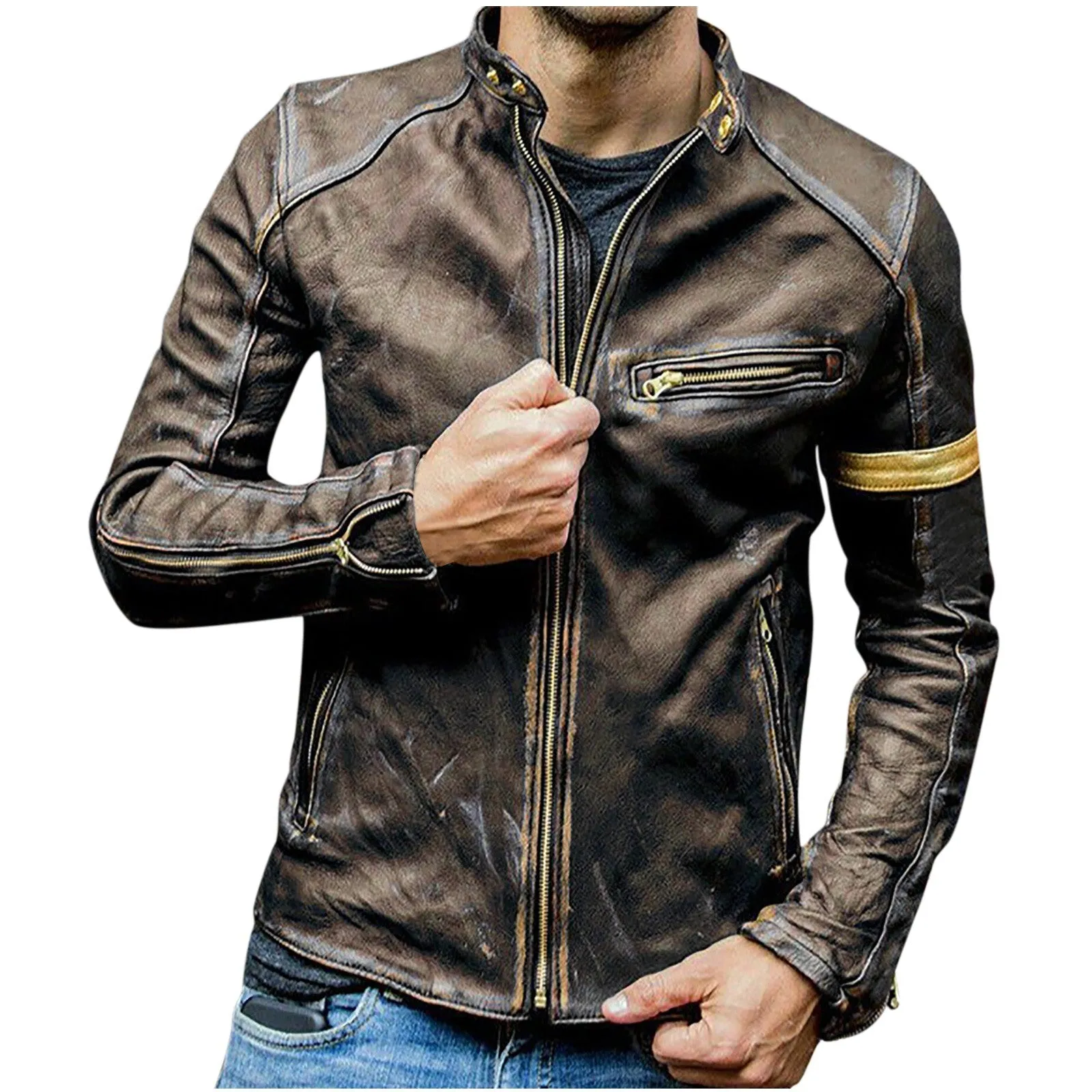 Men's Autumn Fashion Pure Color Stand Collar Imitation Leather Jacket Coat