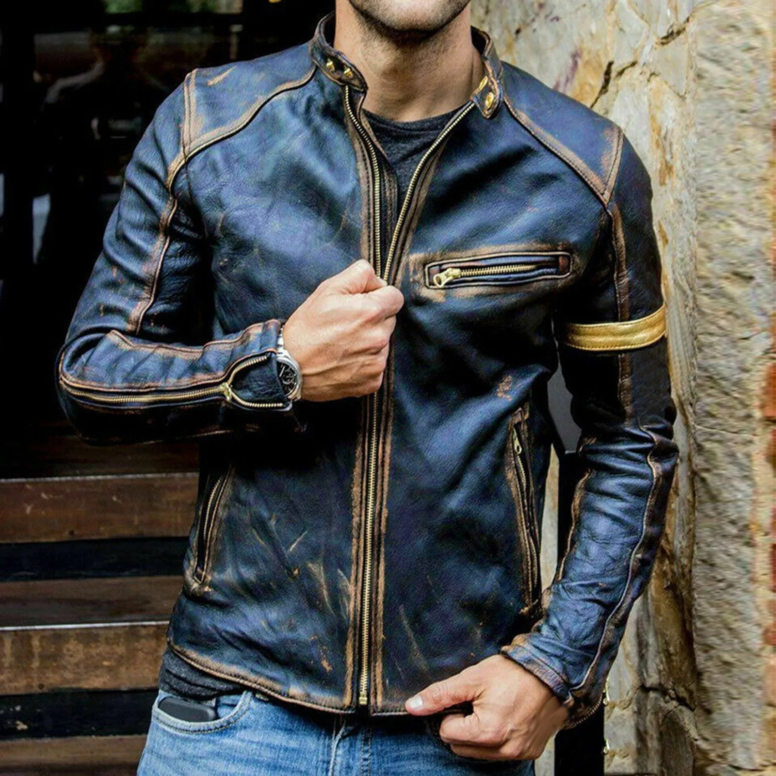 Men's Autumn Fashion Pure Color Stand Collar Imitation Leather Jacket Coat