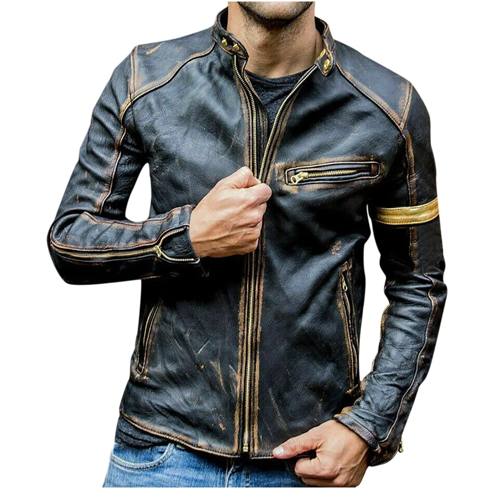 Men's Autumn Fashion Pure Color Stand Collar Imitation Leather Jacket Coat