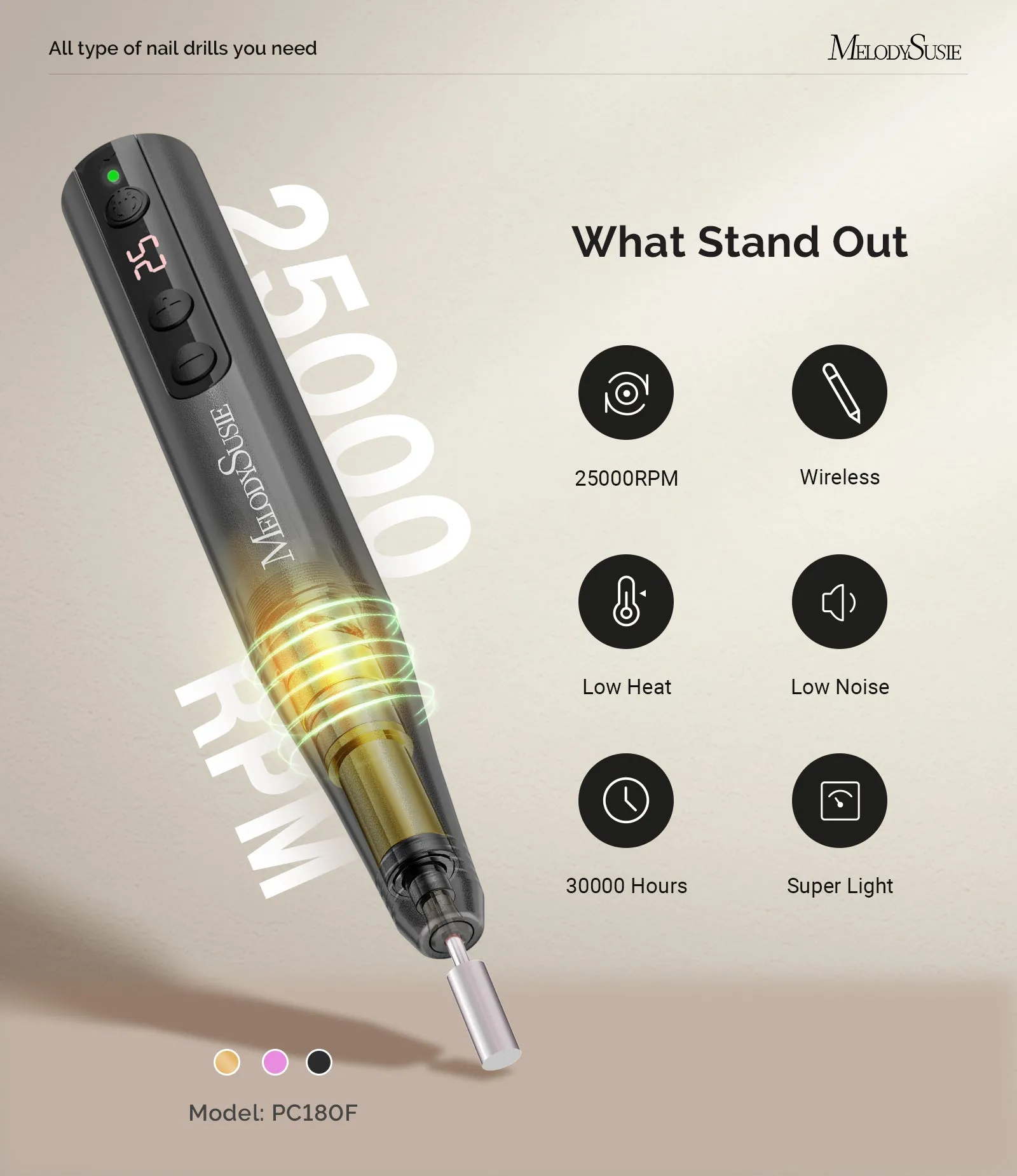 PC180F Portable Rechargeable Nail Drill 25000RPM