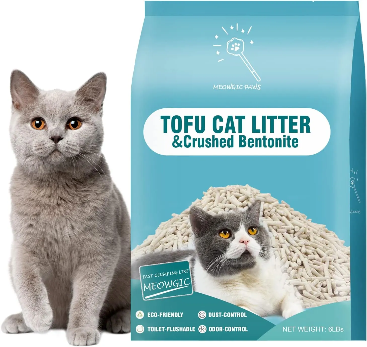 Plant-Based Cat Litter, Odor Control Quick Clumping Tofu Cat Litter, 6 lbs, Low Tracking Dust Control Lightweight Flushable Unscented Natural Kitty Litter