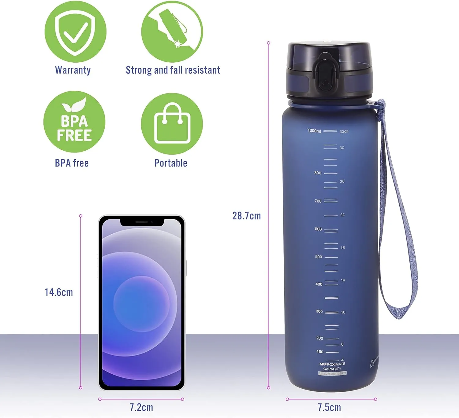 PROIRON 500ml/1l (17/32oz) Water Bottle Leak-Proof Drink Bottle BPA Free USA Tritan Material Gym Bottle with Protein Shaker, Flip Top Lid & Removable Strainer for Fitness Cycling
