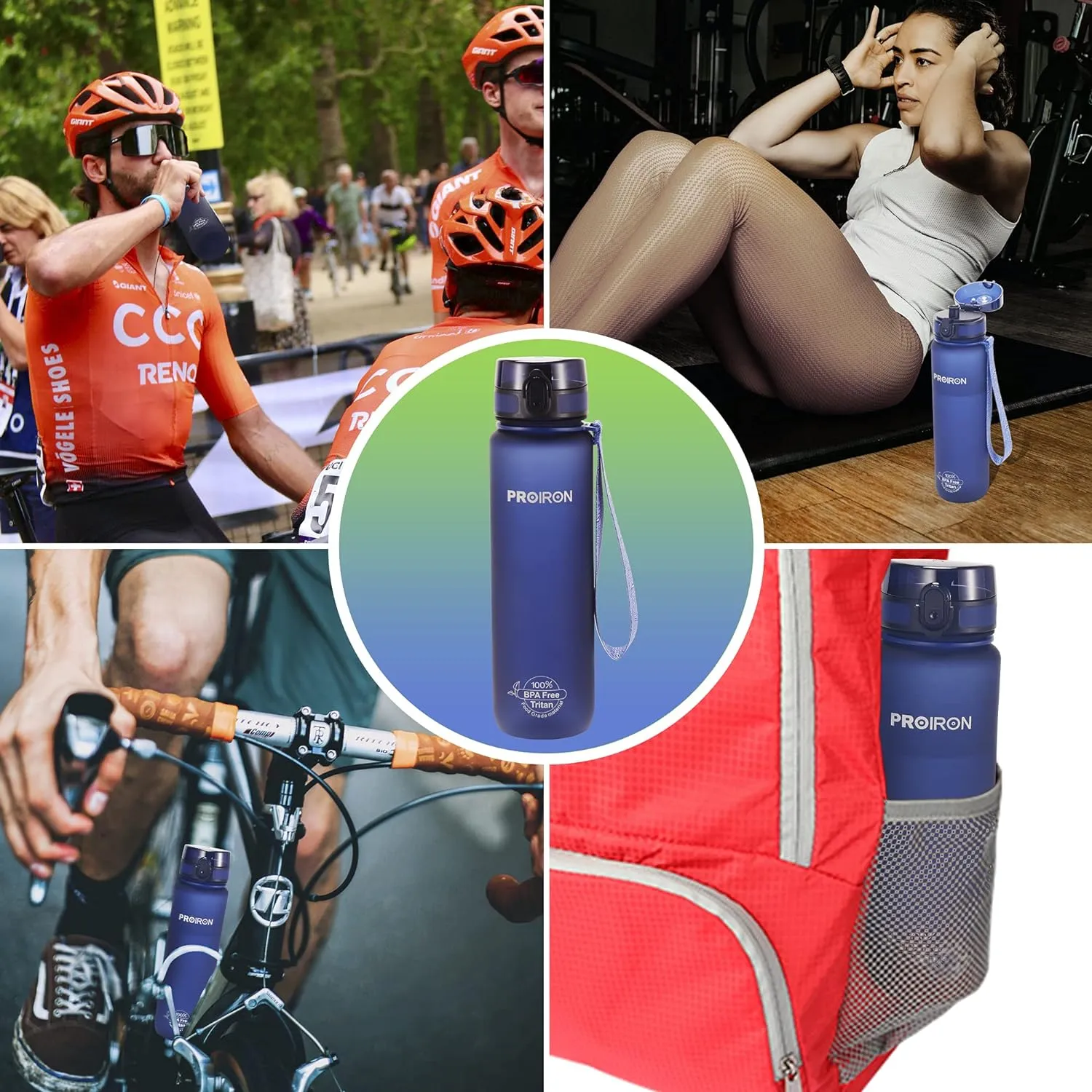 PROIRON 500ml/1l (17/32oz) Water Bottle Leak-Proof Drink Bottle BPA Free USA Tritan Material Gym Bottle with Protein Shaker, Flip Top Lid & Removable Strainer for Fitness Cycling