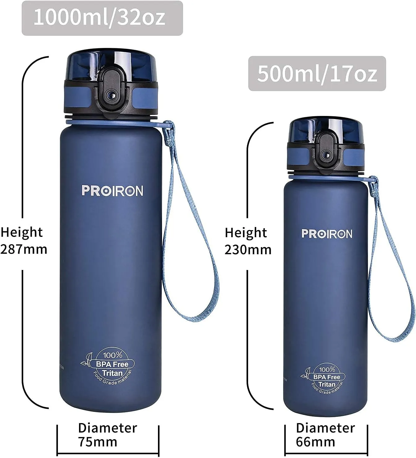 PROIRON 500ml/1l (17/32oz) Water Bottle Leak-Proof Drink Bottle BPA Free USA Tritan Material Gym Bottle with Protein Shaker, Flip Top Lid & Removable Strainer for Fitness Cycling