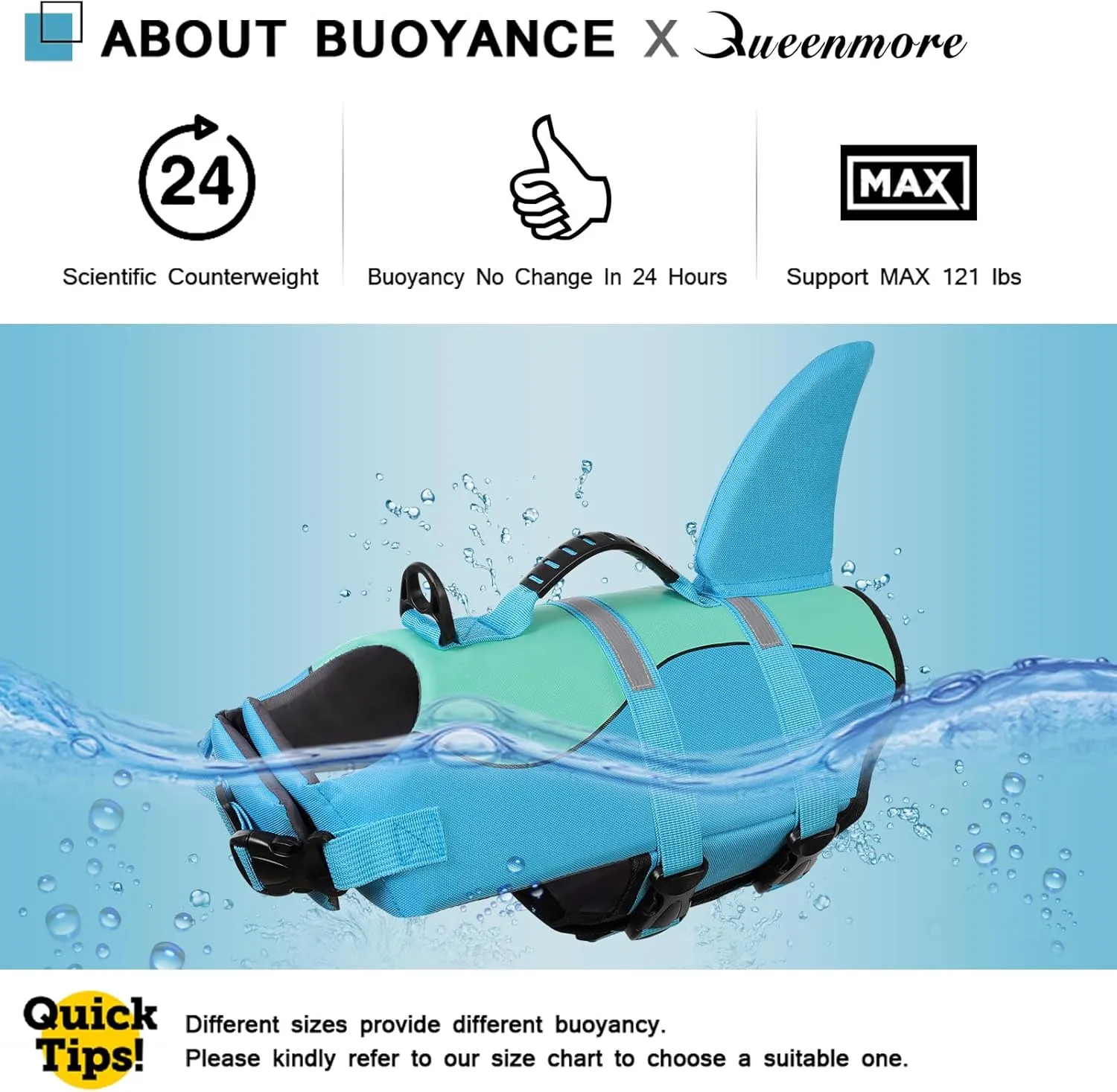 Queenmore Shark Dog Life Jacket, Dog Life Vests for Boating, High Buoyant Pet Life Vest for Swimming, Adjustable Easy On Cat Life Jackets for Small, Medium, Large Dogs (Pool Blue,S)