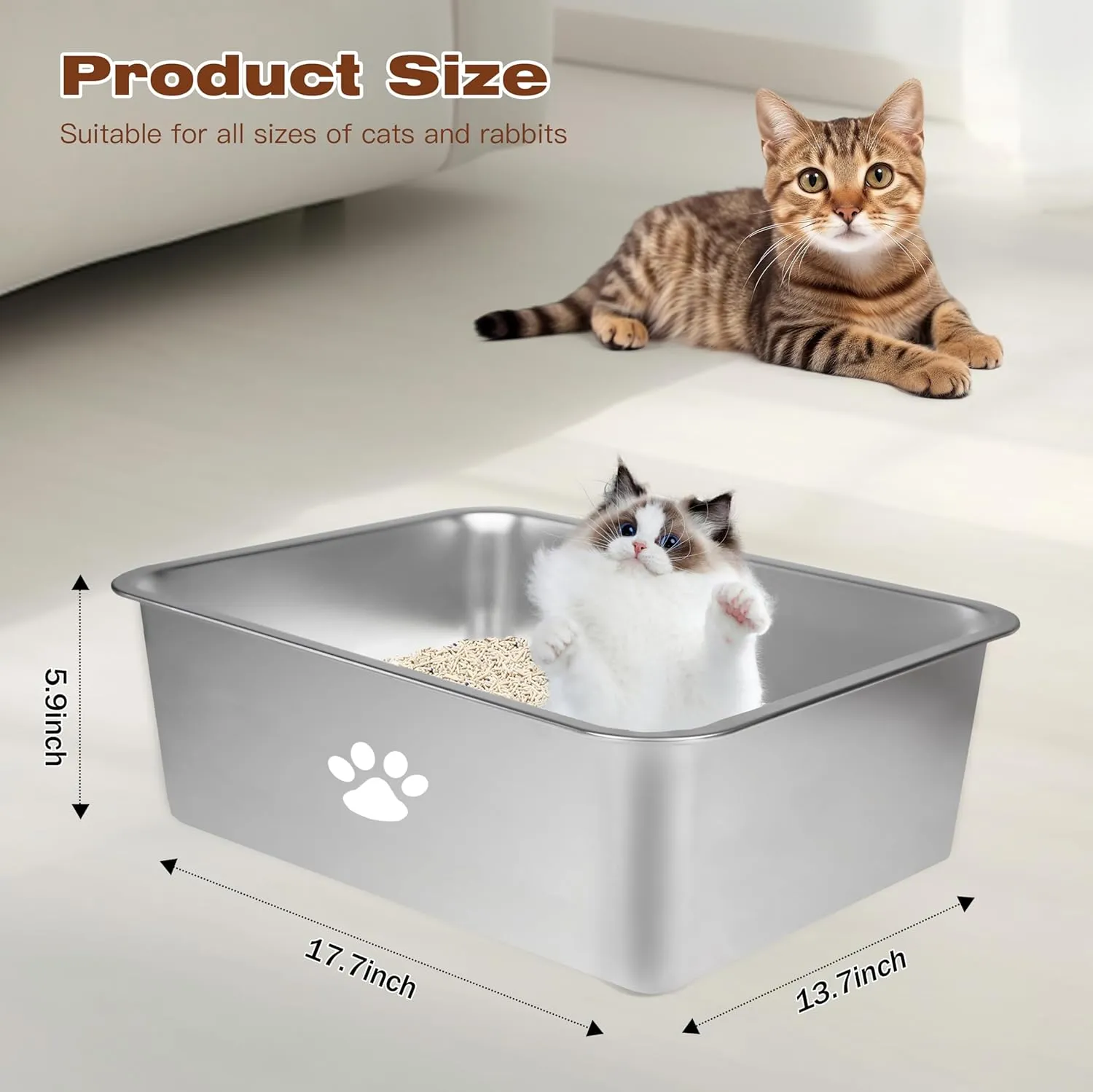 Stainless Steel Cat Litter Box - Metal High Sided Cat Litter Pan,Large Stainless Steel Box,Smooth Surface,Rust Proof,Non-Stick, Odorless, Easy to Clean,Pet Toilet Supplies for Kitten, Kitty, Rabbit