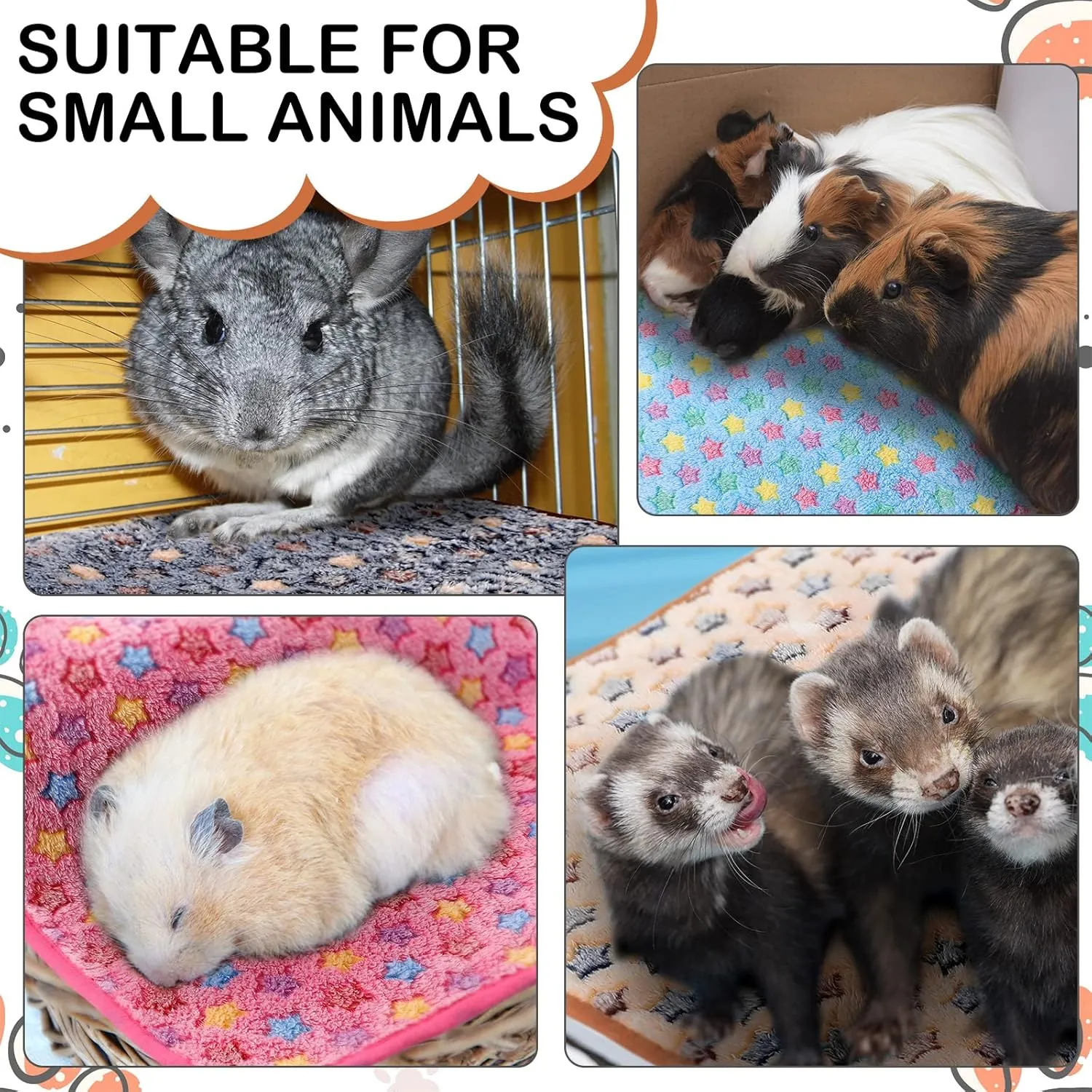 Tudomro 8 Pcs Guinea Pig Bedding Cage Liners Bulk Waterproof Blankets Small Animal Flannel Throw Bedding Absorbent Reusable Pet Pee Sleep Mat Pad Cover for Hamster Ferret (Star,16 x 24 Inch)