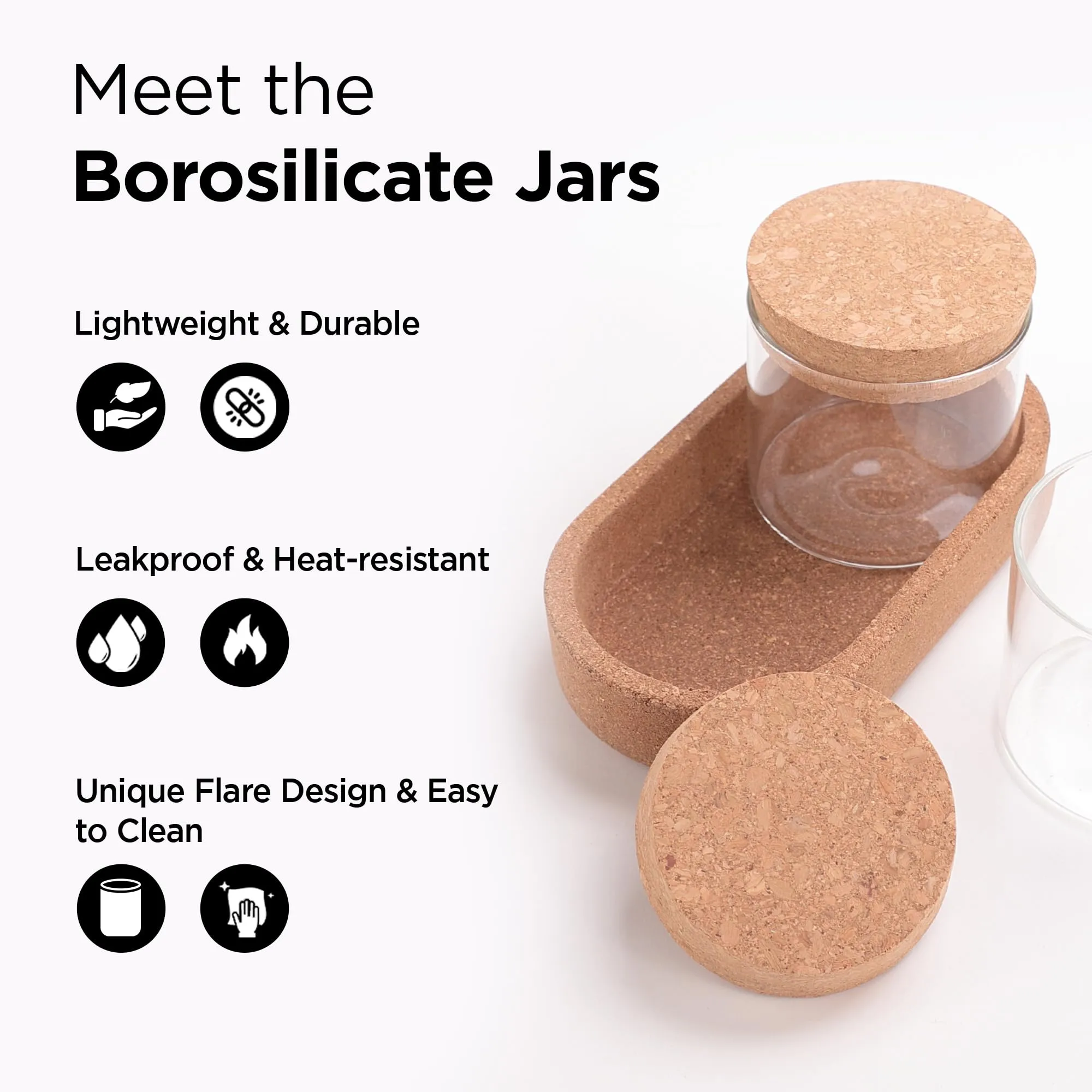 UMAI Borosilicate Jars With Cork Lids And A Cork Tray For Kitchen | Pack of 2 | 270ml | Airtight Glass Containers With Lid | Kitchen Containers Set | Multipurpose | Transparent | Organization |