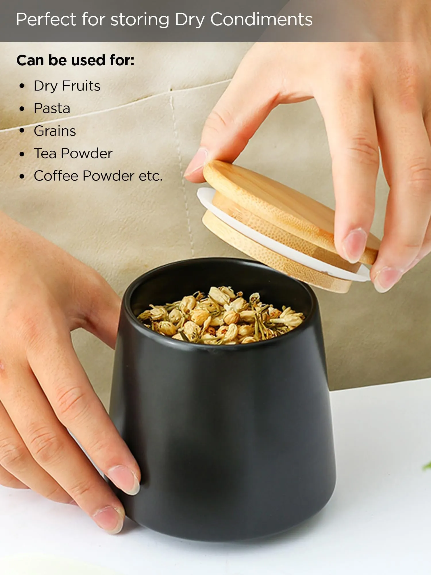 UMAI Ceramic Jar with Bamboo Lid | Kitchen Organizer Items and Storage | Multipurpose Airtight Container for Sugar,Salt,Snacks,Tea,Coffee|Kitchen Accessories Items| 500ml (Black)