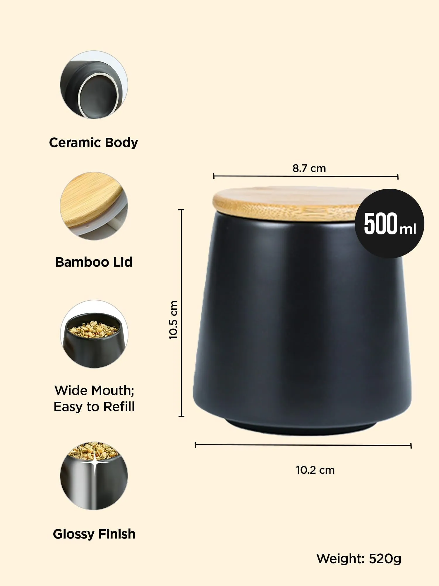 UMAI Ceramic Jar with Bamboo Lid | Kitchen Organizer Items and Storage | Multipurpose Airtight Container for Sugar,Salt,Snacks,Tea,Coffee|Kitchen Accessories Items| 500ml (Black)