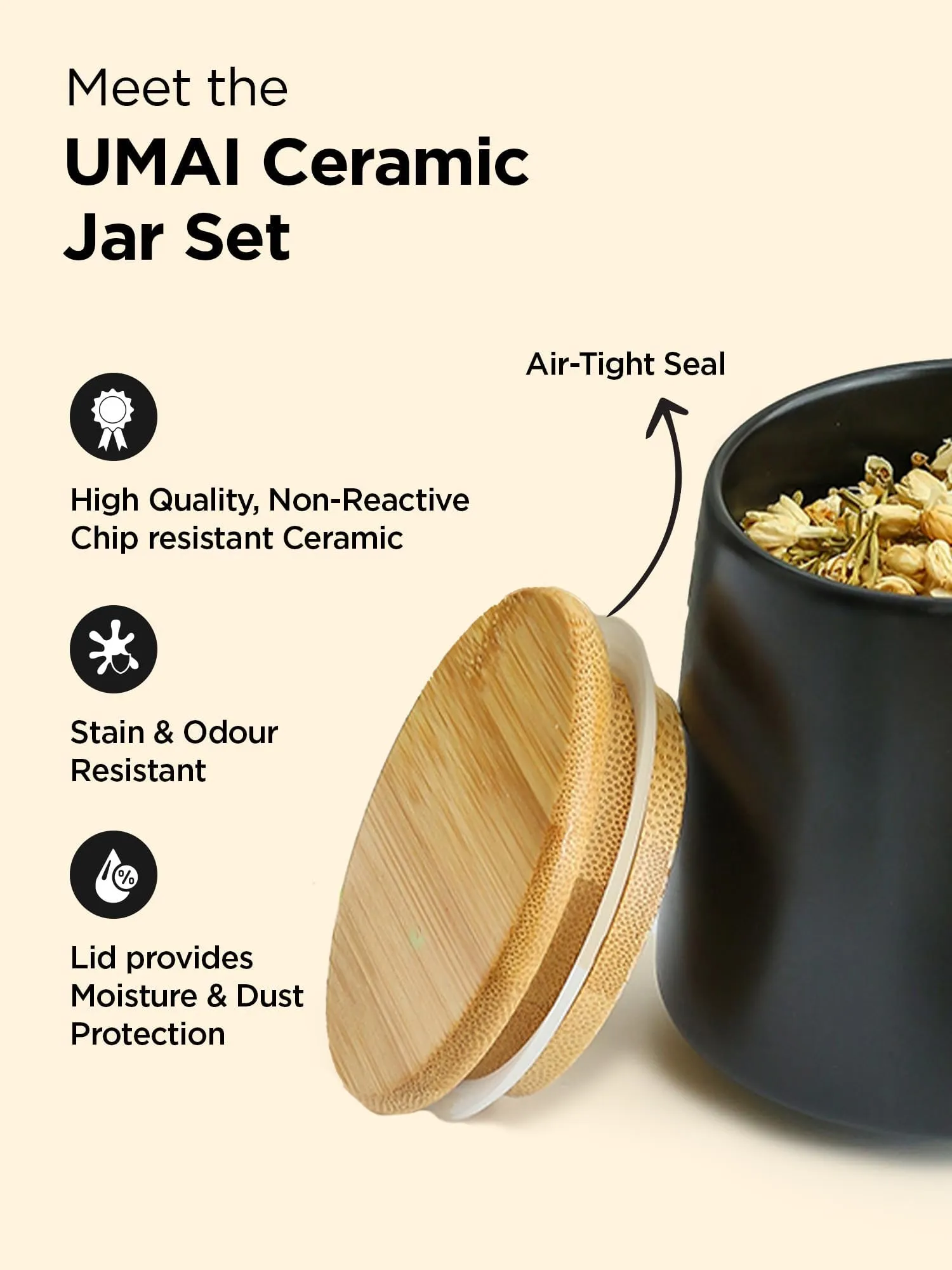 UMAI Ceramic Jar with Bamboo Lid | Kitchen Organizer Items and Storage | Multipurpose Airtight Container for Sugar,Salt,Snacks,Tea,Coffee|Kitchen Accessories Items| 500ml (Black)