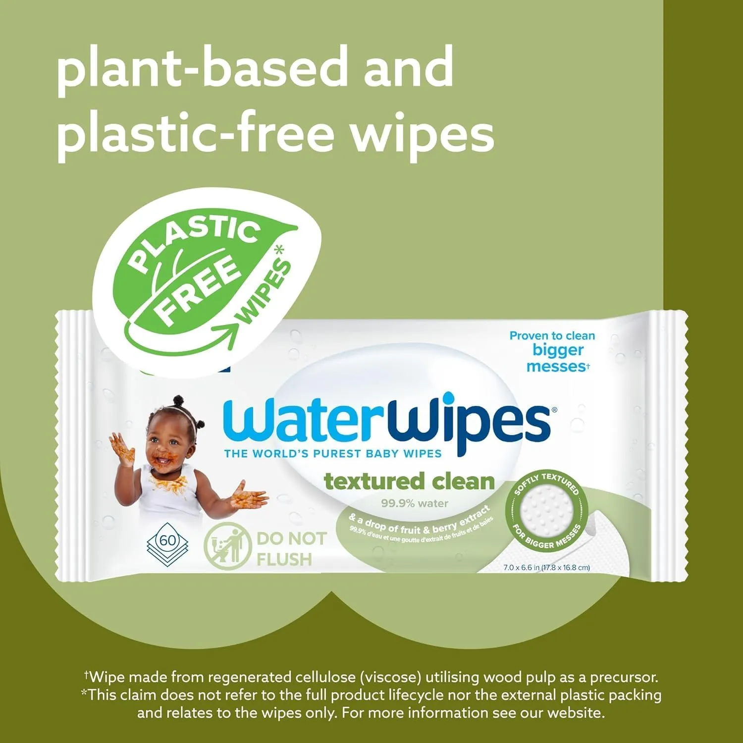 WaterWipes Plastic-Free Textured Clean, Toddler & Baby Wipes, 99.9% Water Based Wipes, Unscented & Hypoallergenic for Sensitive Skin, 60 Count (Pack of 4), Packaging May Vary